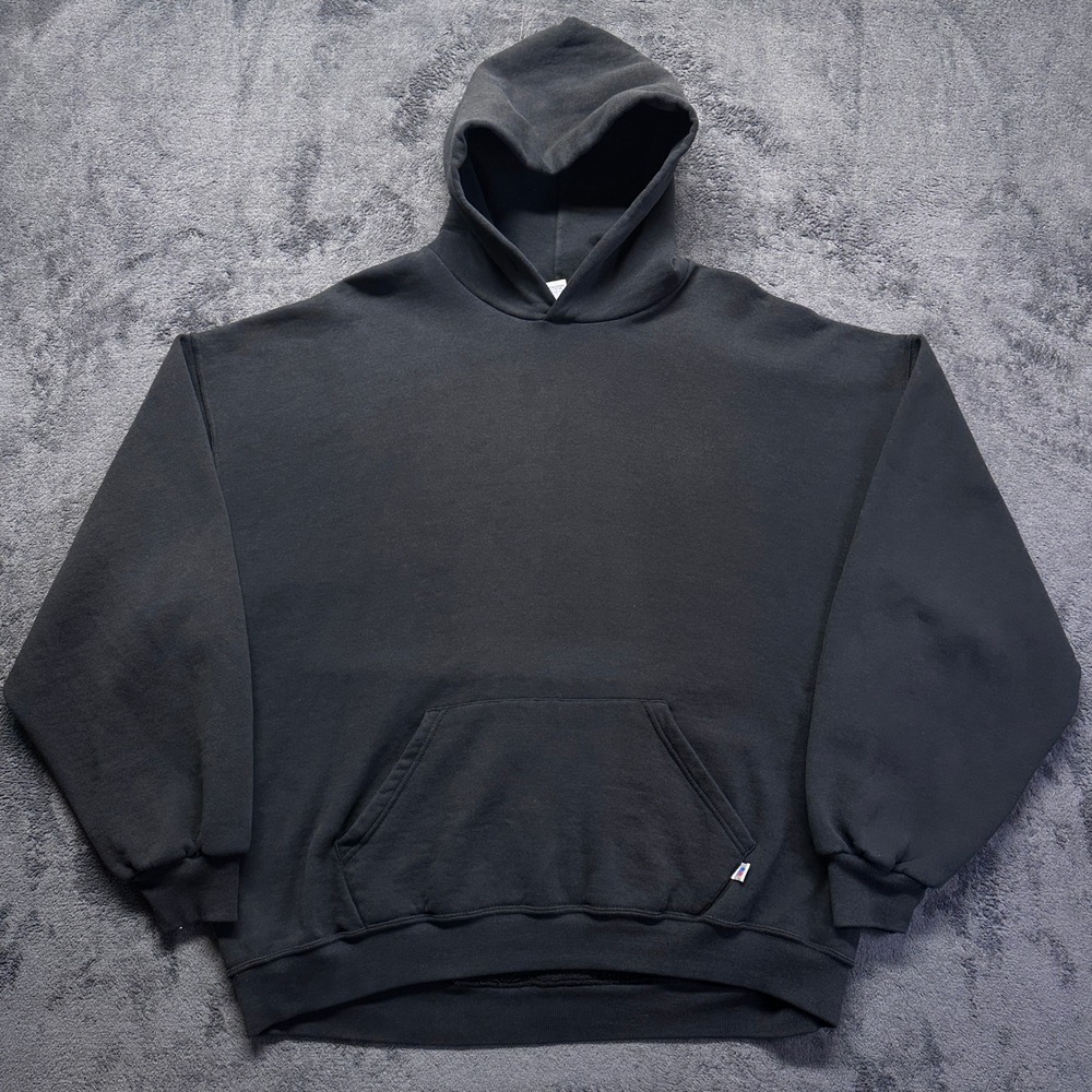 Vintage Russell Athletic Hoodie Mens XXL Black Pullover Fleece Sweatshirt Boxy